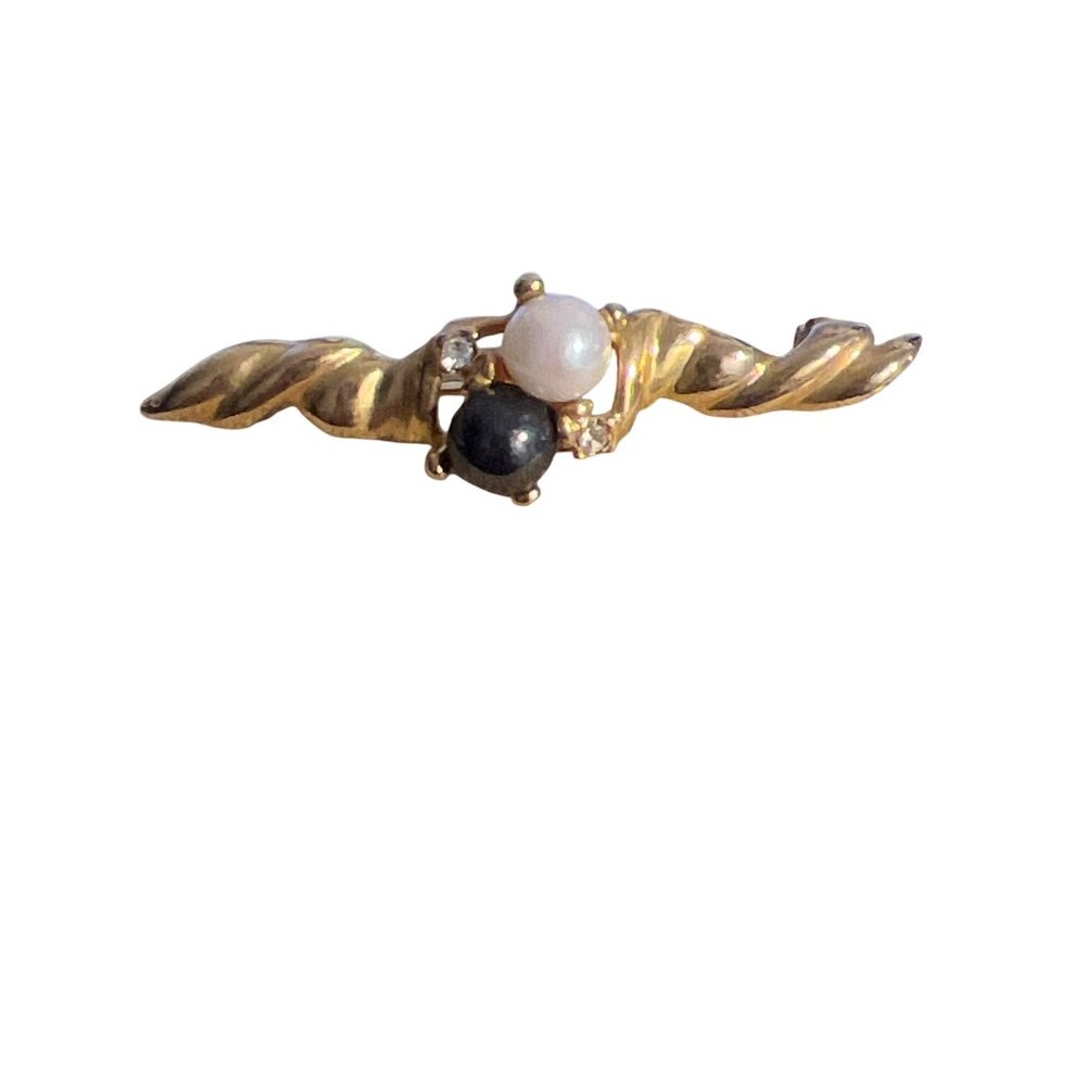 Vintage Gold Tone Brooch Pin Faux Pearl Black Rhinestones Twist Estate 1.75"